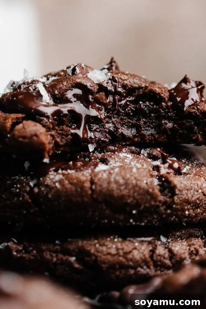 Decadent Double Chocolate Chip Cookies 9 A close-up of a stack of double chocolate chip cookies, with a tempting bite taken out of the top one, showcasing its rich, dark color and soft texture.