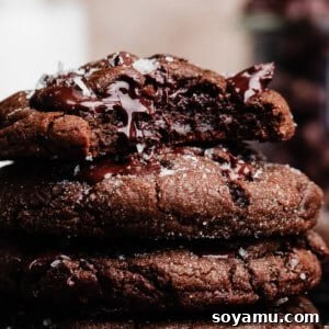 A stack of double chocolate chip cookies, with a bite taken out of the top cookie, revealing its rich, fudgy interior.