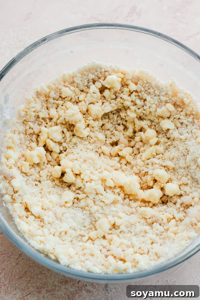 A bowl showing a crumbly, sandy mixture with discernible butter lumps, achieved after beating butter and oil into the dry ingredients.