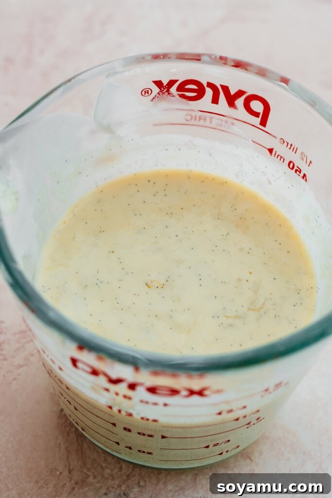 The remaining liquid ingredients, including eggs and vanilla, lightly whisked together in a measuring cup.