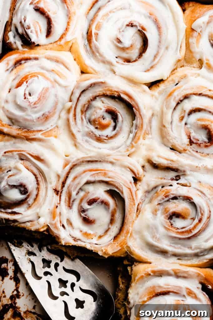 A close-up shot of the frosted cinnamon rolls still in the baking dish, showcasing their inviting appearance.