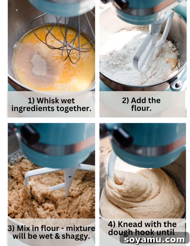 A series of four images demonstrating the process of mixing and kneading cinnamon roll dough in a stand mixer.