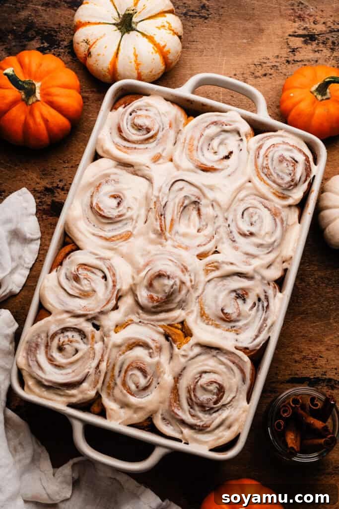Frosted pumpkin cinnamon rolls in a baking dish, showcasing their golden-brown edges and luscious white frosting.