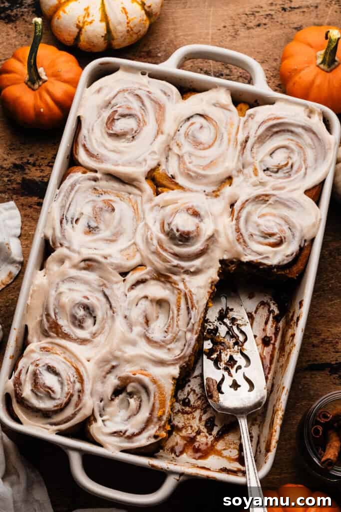 A baking pan containing several pumpkin cinnamon rolls, with a few rolls already taken out.
