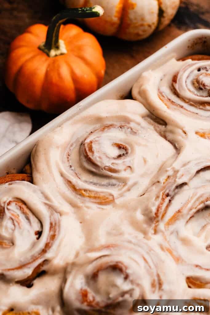A close-up shot of the frosted pumpkin cinnamon rolls still in the baking pan, showing their soft, glistening tops.