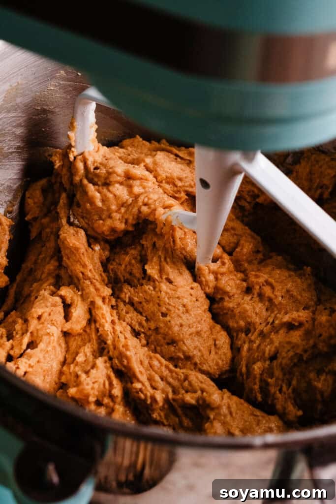 The paddle attachment mixing the wet and shaggy dough in a stand mixer bowl.