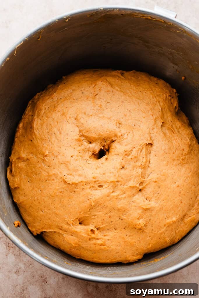 The pumpkin cinnamon roll dough after its first rise, showing a finger indent test.