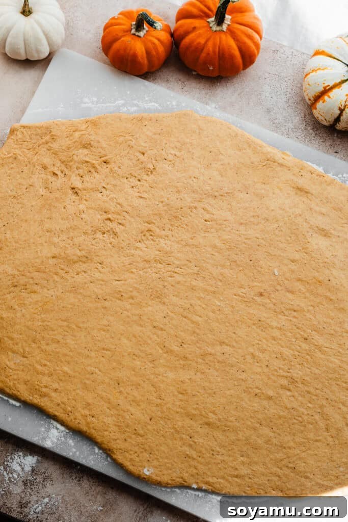 The pumpkin cinnamon roll dough rolled out into a large rectangle on a floured surface.