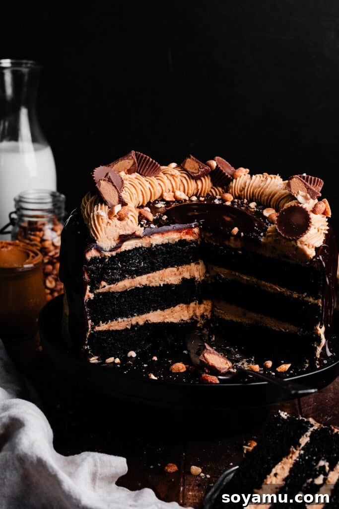 Decadent Peanut Butter Frosting Ready in 10 9 A slice of three-layer chocolate cake, revealing moist cake layers and rich peanut butter frosting filling.