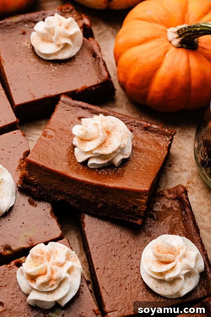 Perfectly Simple Pumpkin Pie Bars 11 A close-up on a single pumpkin pie bar, perfectly cut and topped with a delicate swirl of whipped cream.