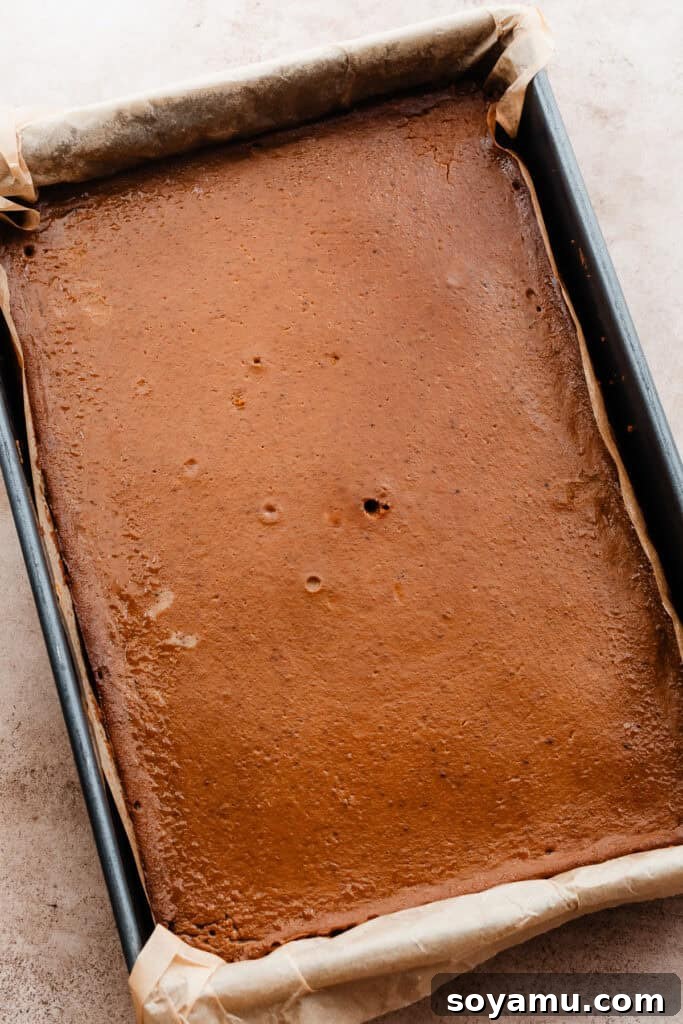 Perfectly Simple Pumpkin Pie Bars 8 A pan of the perfectly baked pumpkin pie bars, golden brown and set.