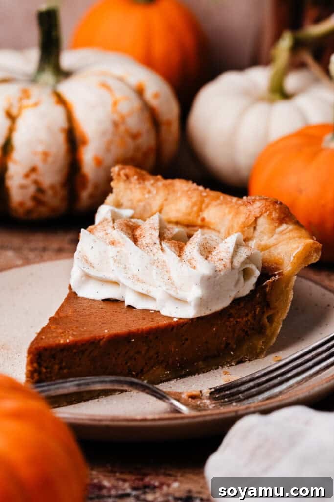 Autumn's Best Pumpkin Pie 3 A delectable slice of Perfect Pumpkin Pie on a white plate, showcasing its golden crust and smooth, spiced filling, ready to be enjoyed.