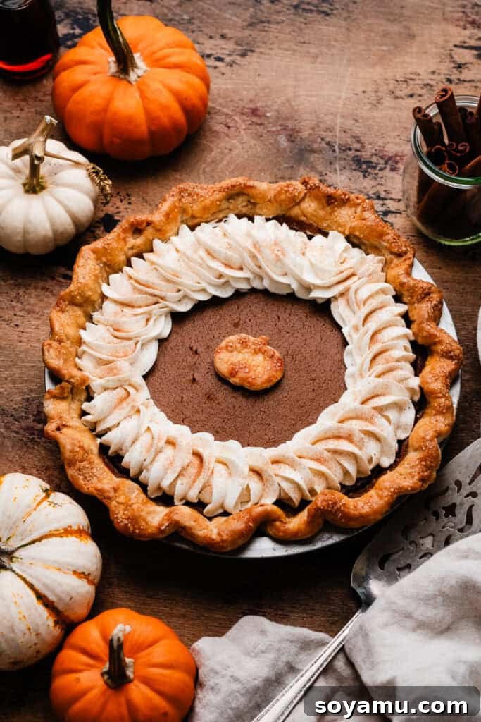 Autumn's Best Pumpkin Pie 9 A beautifully baked pumpkin pie, with a perfectly golden crust, elegantly decorated with swirls of whipped cream and a small crust pumpkin cutout.
