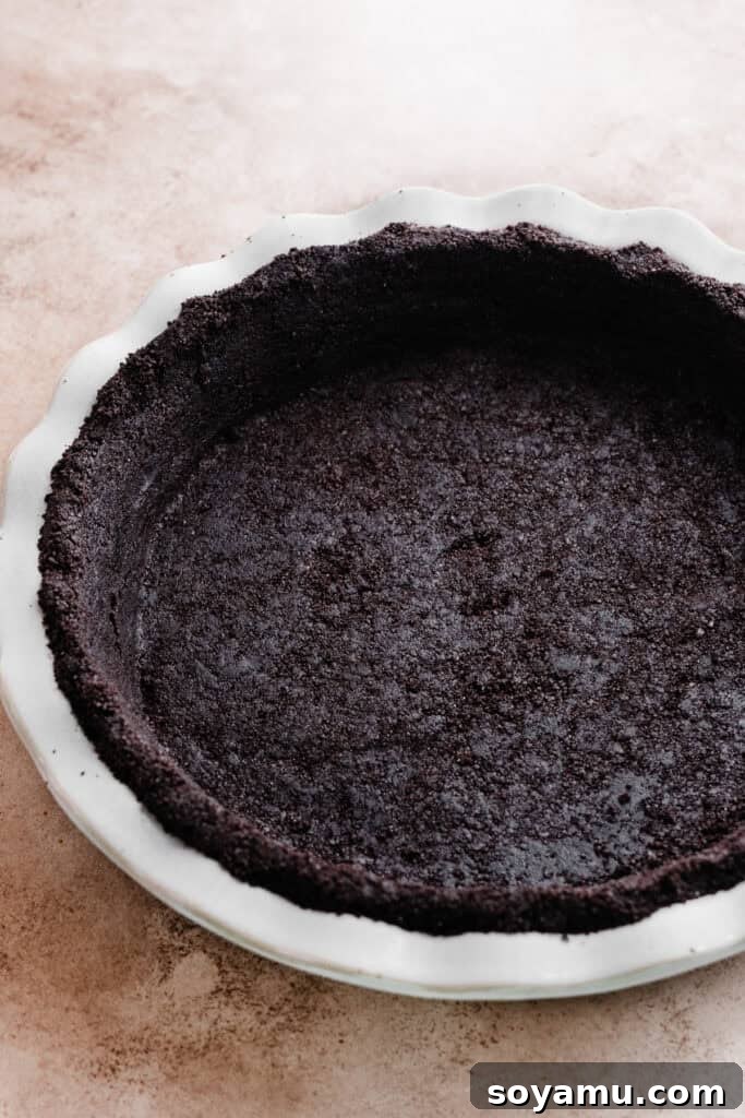 Simple Two Ingredient Oreo Dessert Crust 7 An unbaked Oreo crust, perfectly pressed into a 9-inch pie dish, showcasing its even and compact texture before baking, ready for sweet fillings.