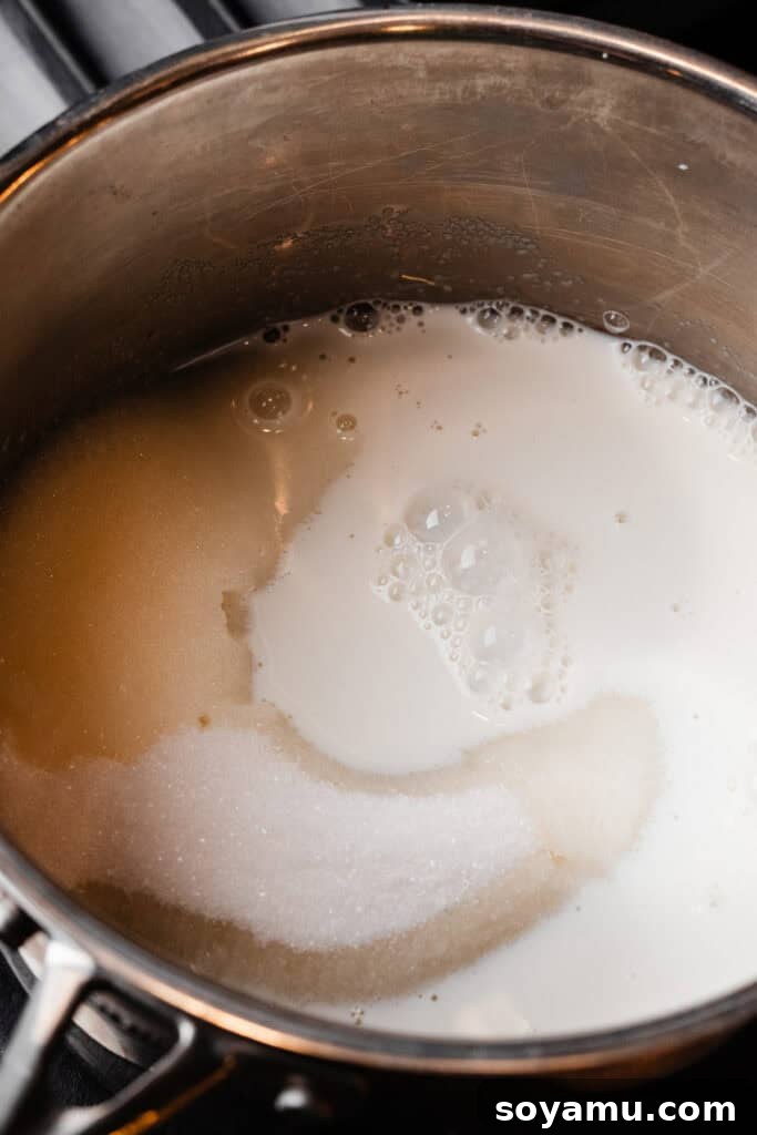Granulated sugar and whole milk perfectly combined in a heavy-bottomed saucepan, ready for gentle heating.