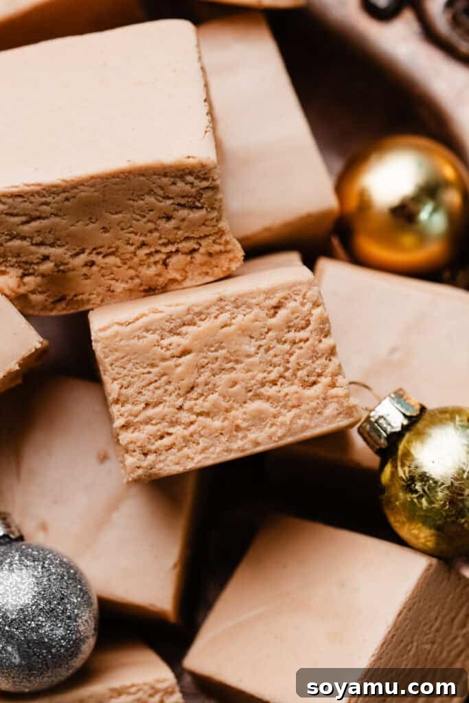 A close-up shot of two inviting, perfectly smooth pieces of peanut butter fudge on a dark surface.