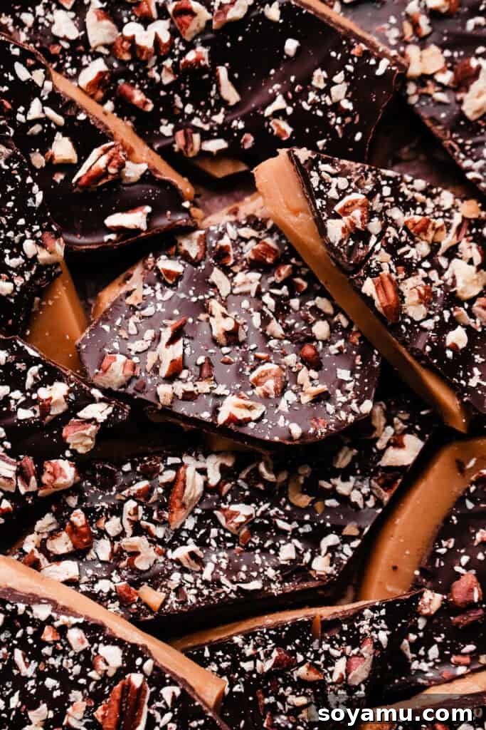 A close-up on shiny, golden pieces of homemade toffee, topped with melted chocolate and chopped pecans, showcasing its crunchy texture and inviting presentation.