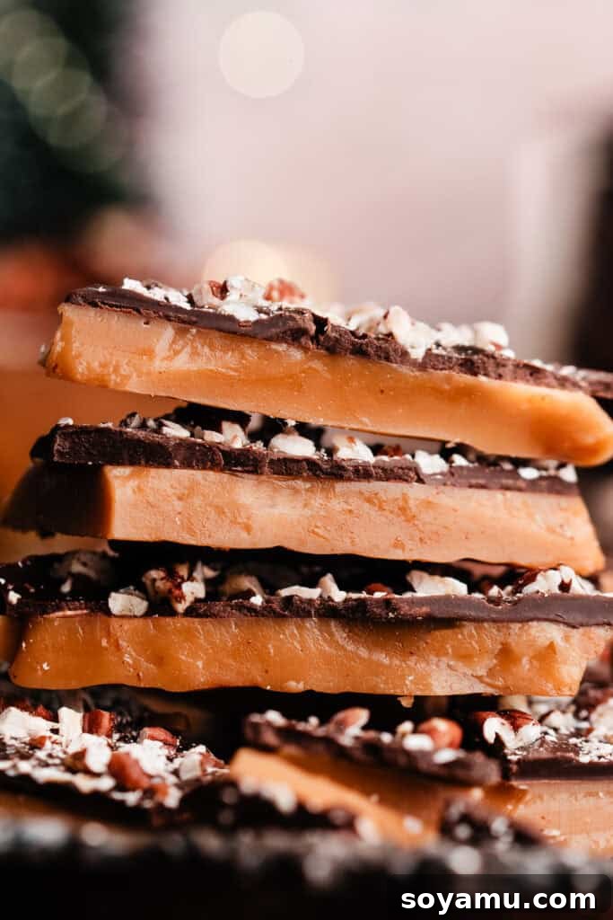 A vibrant, close-up shot of several homemade toffee pieces, richly coated in chocolate and generously sprinkled with nuts, inviting a taste and showcasing its irresistible texture.