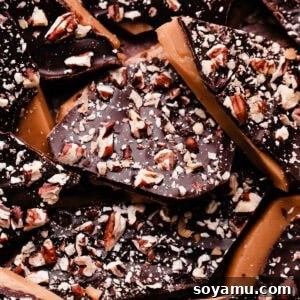 A close-up on pieces of homemade toffee, topped with toasted pecans and chocolate, highlighting the texture and inviting taste.