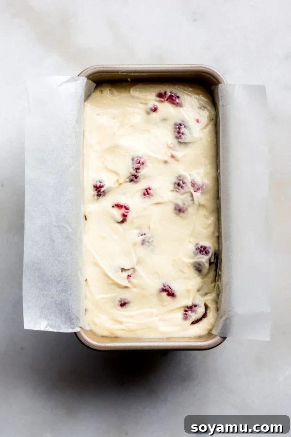 One Bowl Raspberry Lemon Bread - This quick bread is filled with spring flavor in the form of raspberries and lemon, it requires only one bowl and can be dressed up with a 2-ingredient glaze. It's flavorful, moist, and is begging to be baked immediately! #raspberrylemon #onebowlrecipe #quickbread #lemonbread #poundcake #lemoncake #springrecipes #springdesserts #dessertrecipes #bluebowlrecipes | bluebowlrecipes.com Raspberry lemon bread batter carefully poured into a parchment-lined bread tin, ready for the oven.