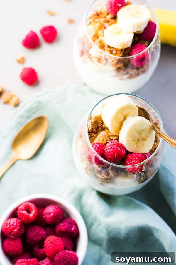 5-Minute Breakfast Parfaits with Honey, Granola, and Fruit - Breakfast parfaits made with greek yogurt, my homemade maple granola, bananas, fresh raspberries, and a healthy drizzle of honey! A satisfying, healthy breakfast! 5-Minute Breakfast Parfaits with Honey, Granola, and Fruit - Breakfast parfaits made with greek yogurt, my homemade maple granola, bananas, fresh raspberries, and a healthy drizzle of honey! A satisfying, healthy breakfast!