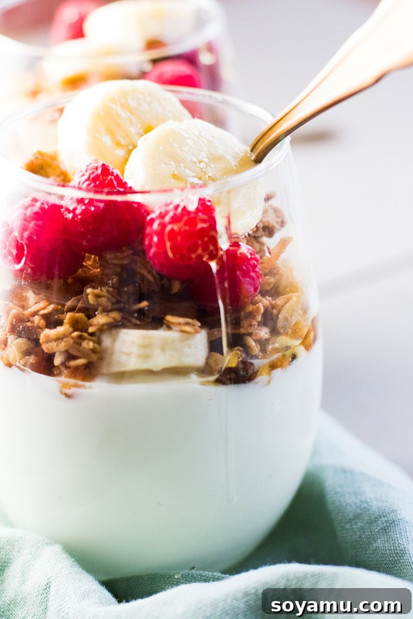 Easy 5-Minute Layers of Honey Granola and Fruit 5 Elegantly presented 5-minute breakfast parfait in a wine glass