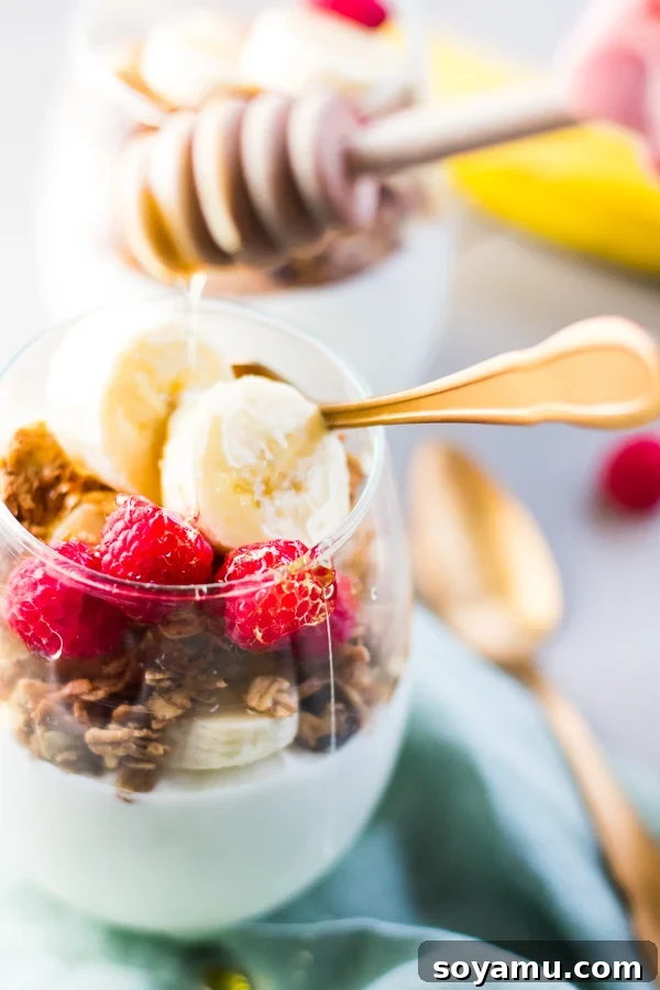 Easy 5-Minute Layers of Honey Granola and Fruit 6 Overhead view of a beautiful 5-minute breakfast parfait