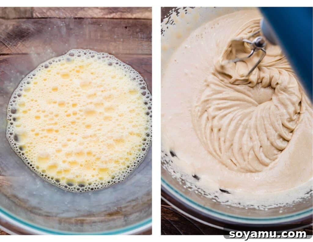 A bowl of frothy beaten eggs, and a bowl of thick pale egg and sugar mixture.