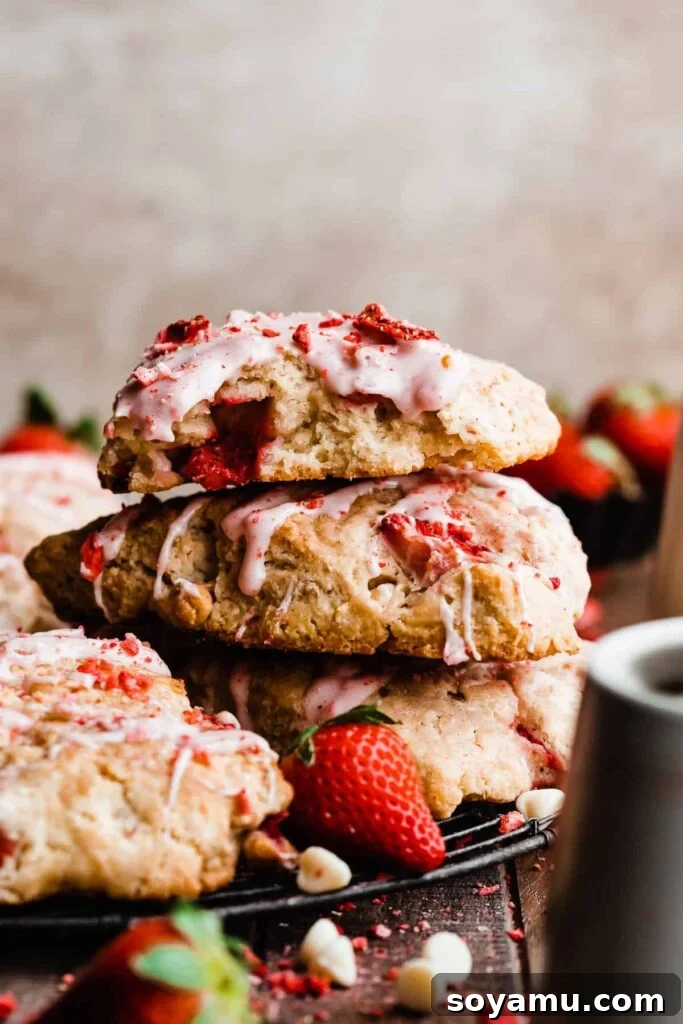 Strawberry Scones - A quick and delicious recipe that's buttery, flaky, sweet, and oh so delicious! Perfect for brunch, snacking, or enjoying all summer long! #strawberry #scones #strawberryscones #brunchrecipes #breakfastrecipes #sconerecipe #summerrecipes #baking #bluebowlrecipes | bluebowlrecipes.com A stack of perfectly baked strawberry scones, with one broken open to reveal its fluffy, fruit-filled interior.