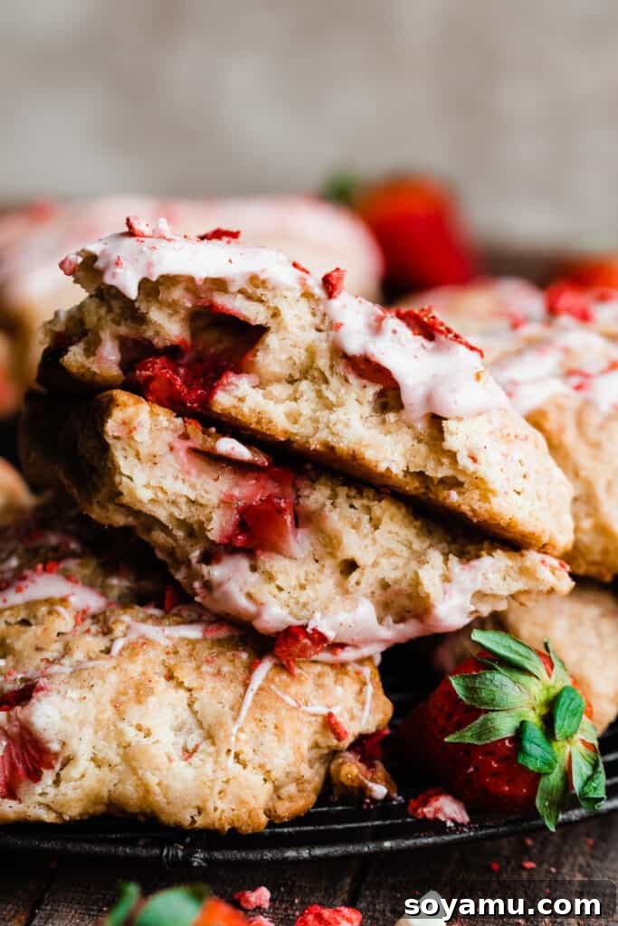 Strawberry Scones - A quick and delicious recipe that's buttery, flaky, sweet, and oh so delicious! Perfect for brunch, snacking, or enjoying all summer long! #strawberry #scones #strawberryscones #brunchrecipes #breakfastrecipes #sconerecipe #summerrecipes #baking #bluebowlrecipes | bluebowlrecipes.com A close-up shot of two strawberry scones halved, showcasing their delicate, fluffy texture and generous distribution of strawberries and white chocolate chips.