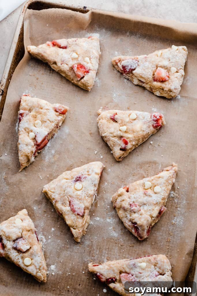 Strawberry Scones - A quick and delicious recipe that's buttery, flaky, sweet, and oh so delicious! Perfect for brunch, snacking, or enjoying all summer long! #strawberry #scones #strawberryscones #brunchrecipes #breakfastrecipes #sconerecipe #summerrecipes #baking #bluebowlrecipes | bluebowlrecipes.com Unbaked strawberry scones arranged neatly on a parchment-lined baking sheet, brushed with cream and ready for the oven.