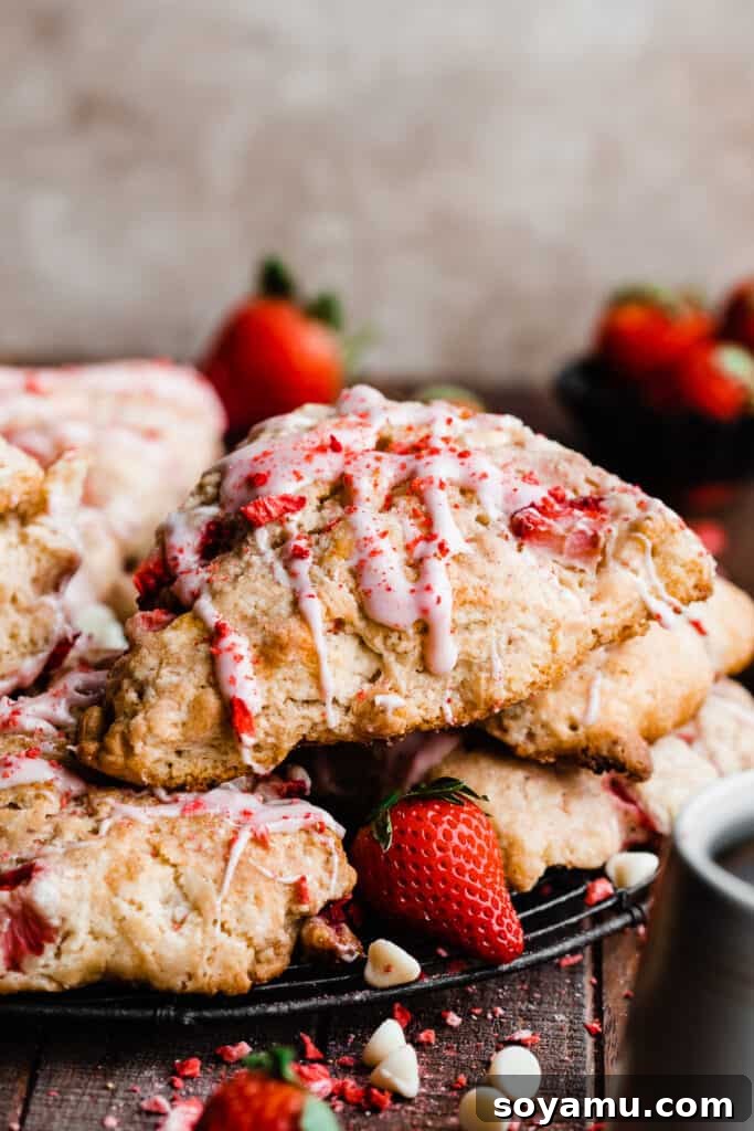 Strawberry Cream Scones 3 A single strawberry glazed scone, perfectly baked and glistening with sweet glaze.