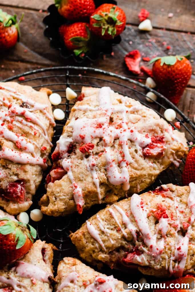 Strawberry Cream Scones 4 Strawberry glazed strawberry scones artfully arranged on a vintage wire cooling rack, ready to be enjoyed.