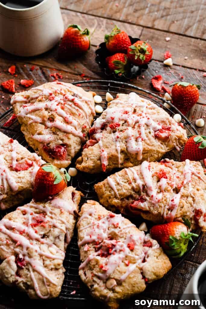 Strawberry Scones - A quick and delicious recipe that's buttery, flaky, sweet, and oh so delicious! Perfect for brunch, snacking, or enjoying all summer long! #strawberry #scones #strawberryscones #brunchrecipes #breakfastrecipes #sconerecipe #summerrecipes #baking #bluebowlrecipes | bluebowlrecipes.com A charming scene of strawberry scones resting on a wire rack next to two mugs of coffee, suggesting a perfect breakfast or brunch moment.