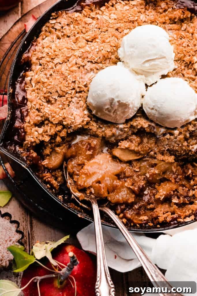 A close-up of the apple crisp in the cast iron skillet.