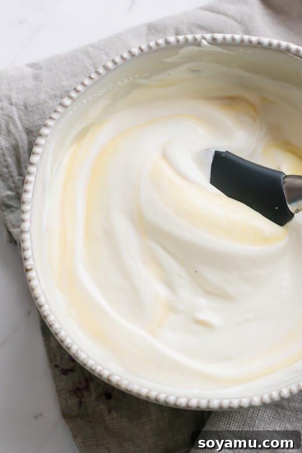 Effortless Vanilla Bean Ice Cream with Sweet Roasted Rhubarb 7 The smooth and creamy no-churn ice cream base prior to its transformation in the freezer
