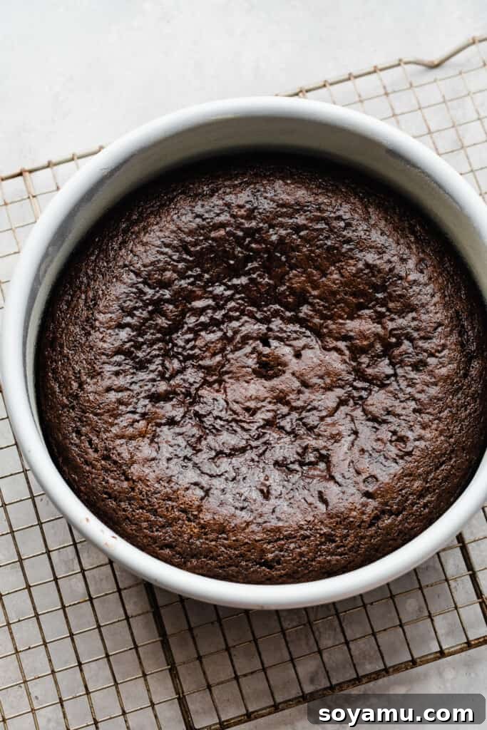 Decadent Baileys Chocolate Cake with Silky Cream Cheese Frosting 6 The baked cake in a pan on a wire rack.