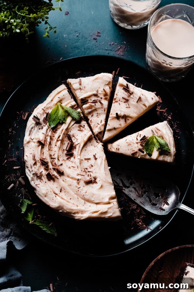 Decadent Baileys Chocolate Cake with Silky Cream Cheese Frosting 9 A bird's eye view of the sliced baileys cake.