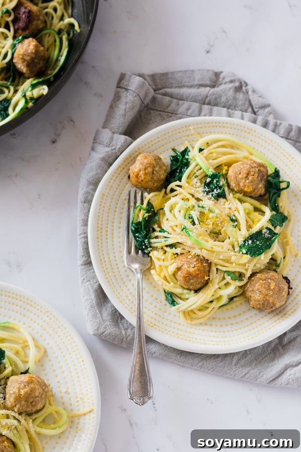 Meal Prep Meatballs with Zoodles - A quick and easy way to meal prep! Eat half the meatballs now, freeze half for later! Serve with a mix of zoodles and pasta in a yummy garlic butter sauce. #mealprep #healthyrecipe #zoodles #meatballs #dinnerrecipe #healthyeating | bluebowlrecipes.com Meal Prep Meatballs with Zoodles