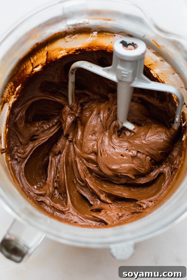 10 Easy Ways to Improve Your Food Photography - 10 Quick + easy tips to take your food photography to the next level! #foodphotography #foodphotos #bloggers #bloggingresources #blogresources #bloggerresources #photographyresources #photographytips | bluebowlrecipes.com A bowl of chocolate batter being mixed, beautifully illuminated by side light, highlighting texture and depth.