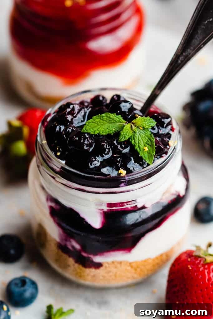 No-Bake Mini Cheesecake Jars 3 A close-up on a jar of a mini cheesecake with blueberry topping.