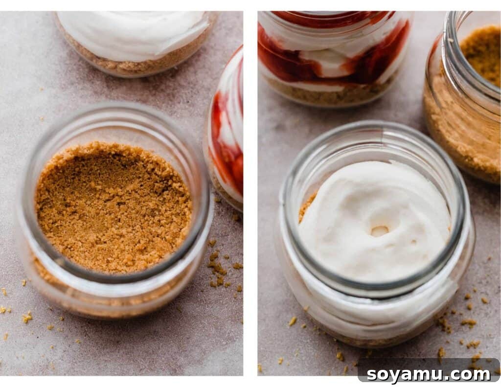 No-Bake Mini Cheesecake Jars 6 Crust and filling being added to the jars.