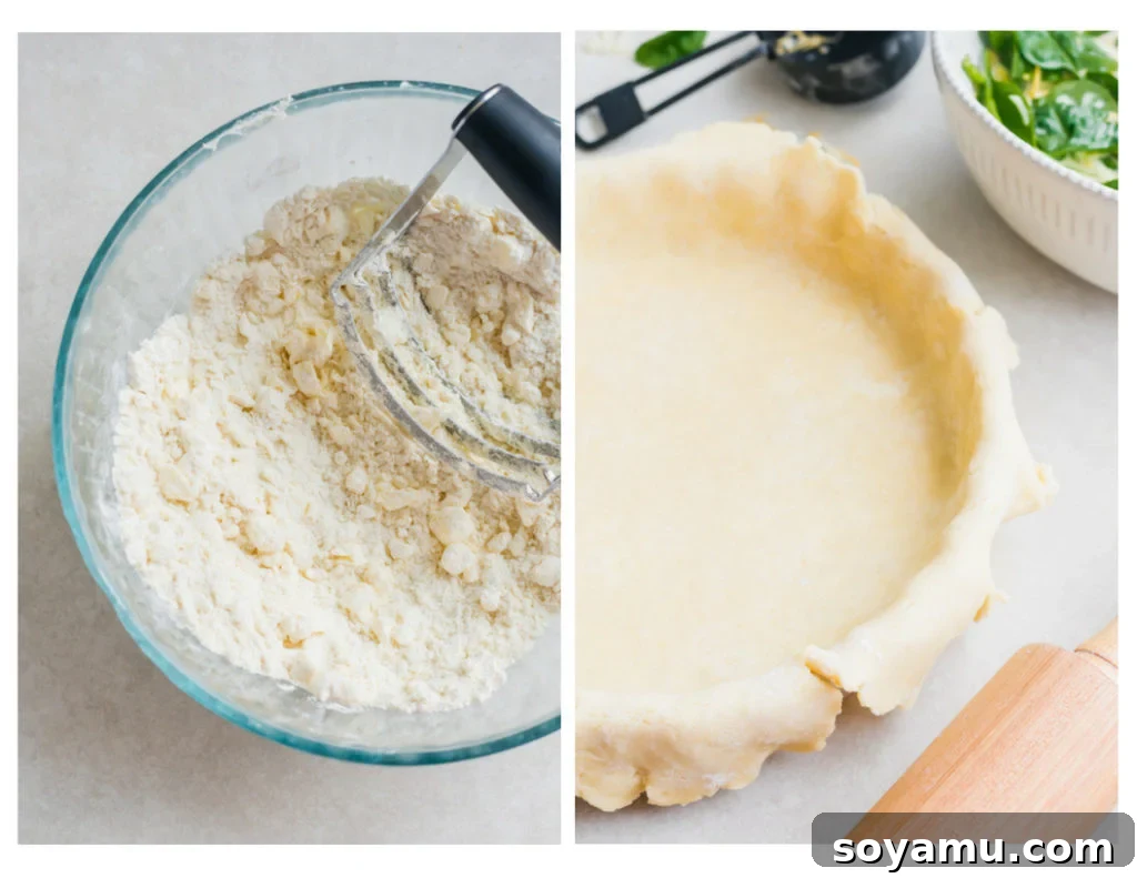 Perfect Breakfast Quiche - Our favorite Breakfast Quiche! The buttery flaky crust is filled with fluffy eggs, sharp cheddar cheese, spinach, and perfectly crispy bacon! #breakfastrecipes #easyrecipes #quiche #quicherecipes #baconrecipes #eggrecipes #mealideas | bluebowlrecipes.com Pie dough being mixed and draped into a pie pan, showing the initial stages of crust preparation.