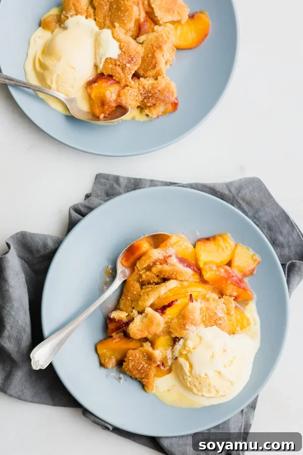 Easy Vegan Peach Cobbler with Vanilla Ice Cream Freshly baked peach cobbler with a scoop of vanilla ice cream on plates, ready to be enjoyed.