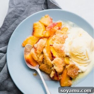 Effortless Vegan Peach Cobbler 2 A small, cropped image of the baked peach cobbler with vanilla ice cream, serving as a header for the recipe card.