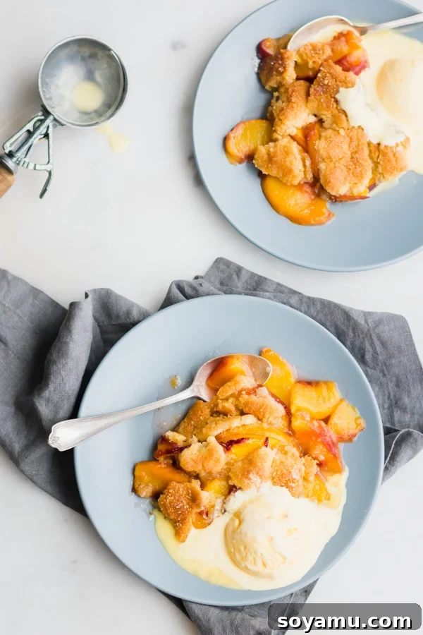Easy Vegan Peach Cobbler Served with Ice Cream Two plates of warm peach cobbler, each topped with a generous scoop of melting vanilla ice cream, creating an irresistible dessert.