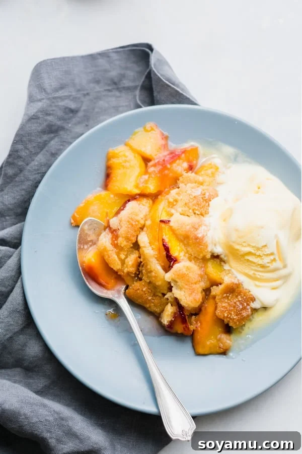 Peach Cobbler with Vanilla Ice Cream Closeup A close-up of a warm serving of peach cobbler topped with melting vanilla ice cream on a white plate.