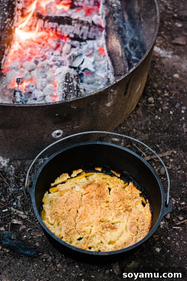 Peach Cobbler in a Dutch Oven A rustic peach cobbler baked in a cast-iron Dutch oven, perfect for outdoor cooking.