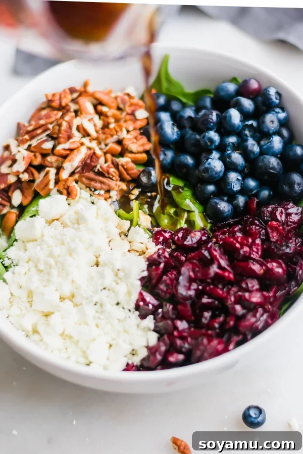 Blueberry Spinach Salad with Honey Balsamic Dressing - A spinach base loaded with blueberries, dried cranberries, pecans, feta cheese, and a simple honey balsamic dressing. I've never loved salad more! #salad #healthyrecipes #blueberries #spinach #mealprep #easyrecipes | bluebowlrecipes.com Overhead shot of various Blueberry Spinach Salad ingredients in a mixing bowl.
