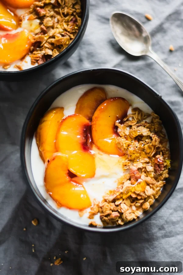 Peach Crisp Yogurt Parfaits 3 Another view of a delicious peach crisp yogurt bowl, highlighting the layers of healthy ingredients.